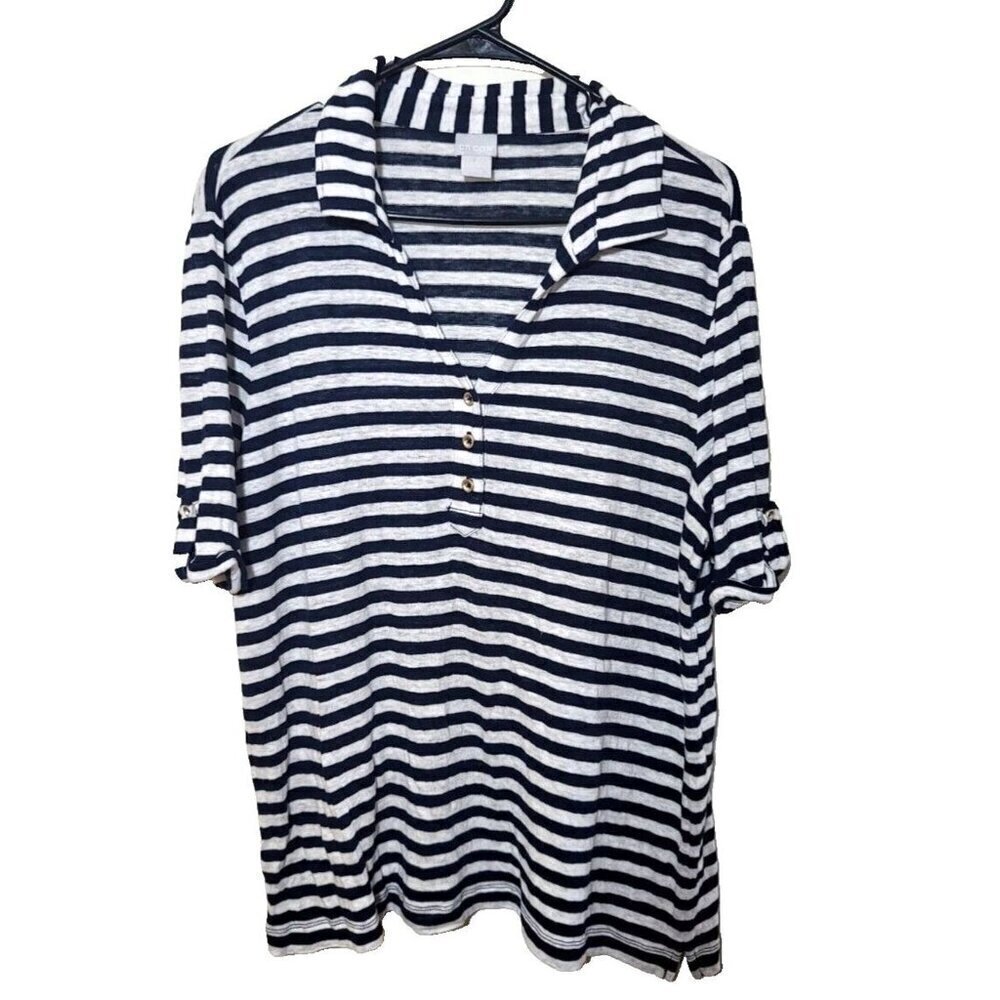Chicos Womens sz 3 Linen Knit Shirt Polo Black White Stripe buttons collar